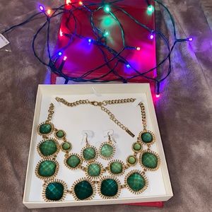 Mila Double Strand Emerald Green Necklace & Earing Set NWOT Box Included
